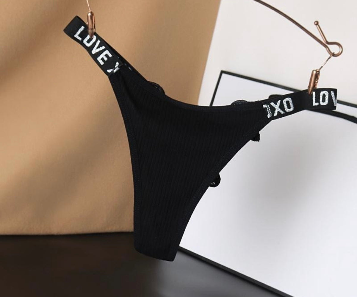 Sexy Low-Rise Women's Thong Panties - Cotton G-String with Ribbed Waistband & Letter Print